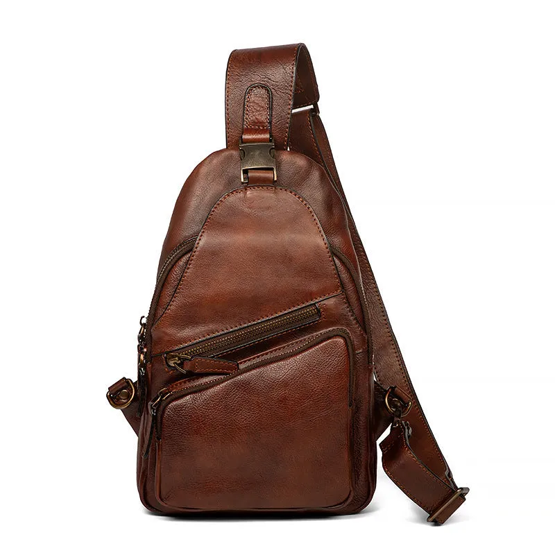 Men's genuine leather chest crossbody messenger bag retro hand-rubbed finish 8-inch black colour