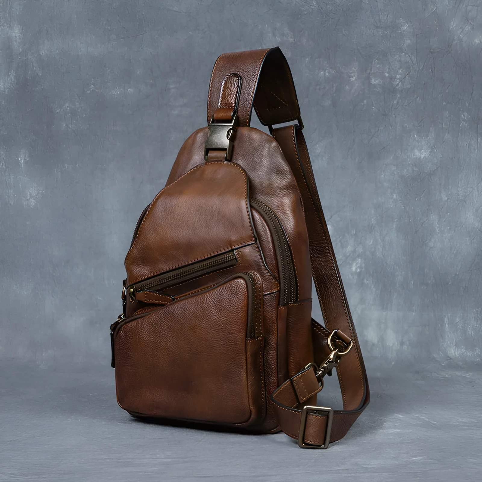 Men's genuine leather chest crossbody messenger bag retro hand-rubbed finish 8-inch black colour
