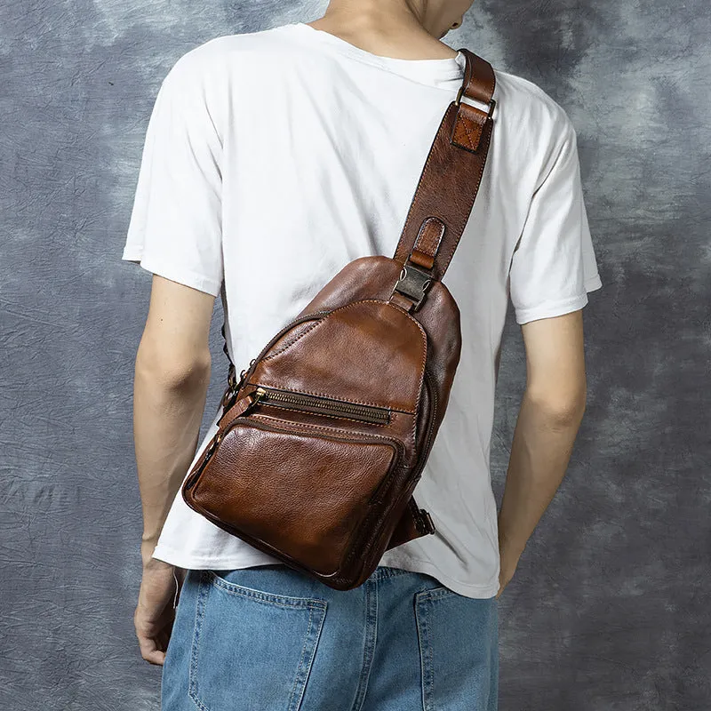 Men's genuine leather chest crossbody messenger bag retro hand-rubbed finish 8-inch black colour