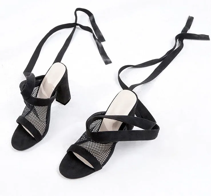 Women black flock cross strap lace up high heel sandals with square heel and buckle strap