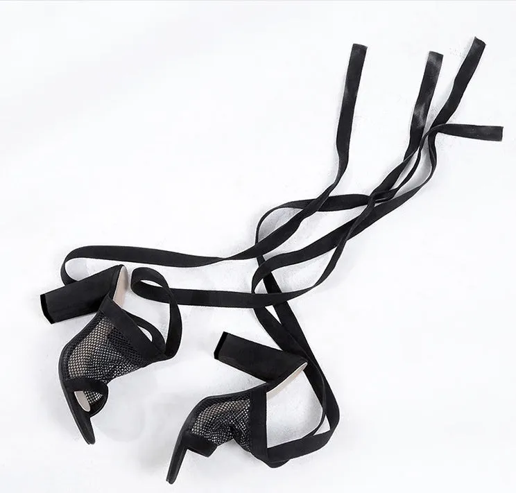 Women black flock cross strap lace up high heel sandals with square heel and buckle strap
