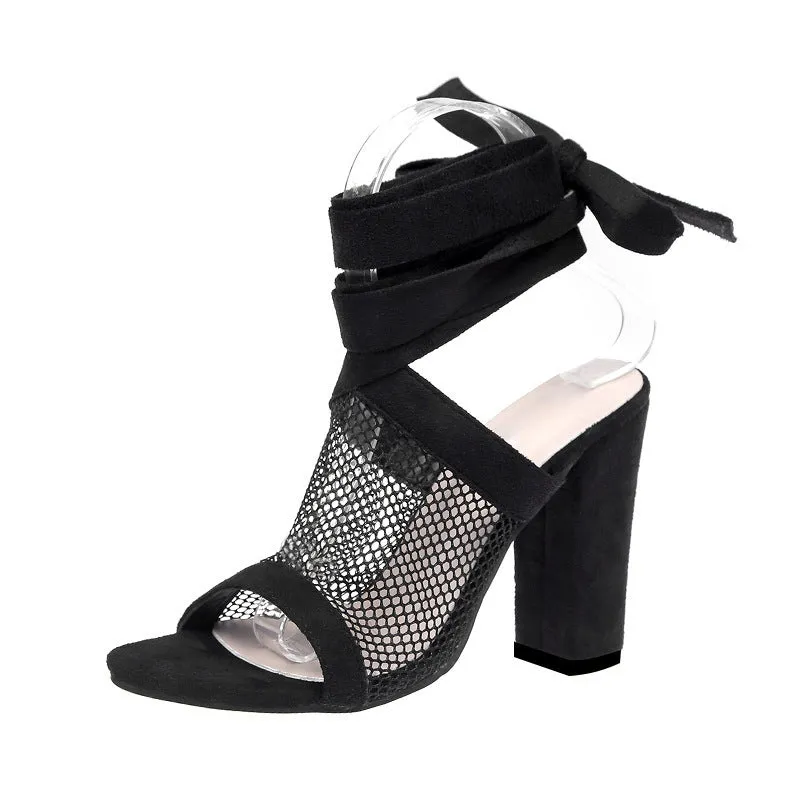 Women black flock cross strap lace up high heel sandals with square heel and buckle strap