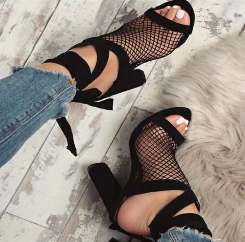 Women black flock cross strap lace up high heel sandals with square heel and buckle strap