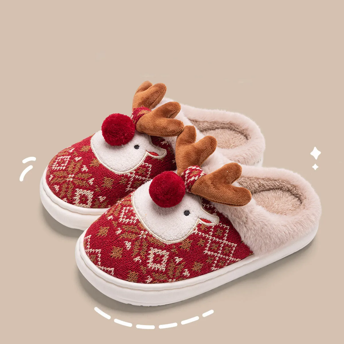 Cute Christmas elk plush slippers in Christmas Red with non-slip sole for women winter home use