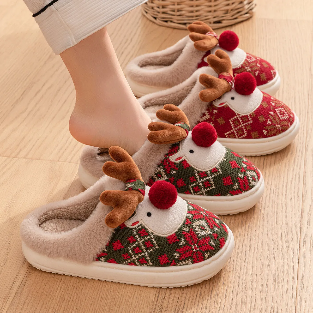 Cute Christmas elk plush slippers in Christmas Red with non-slip sole for women winter home use