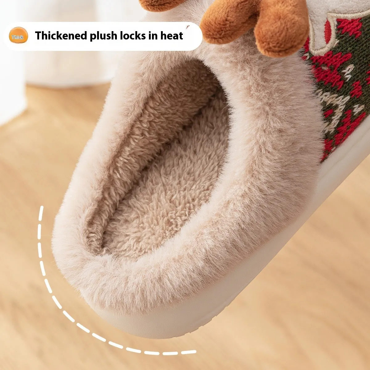 Cute Christmas elk plush slippers in Christmas Red with non-slip sole for women winter home use