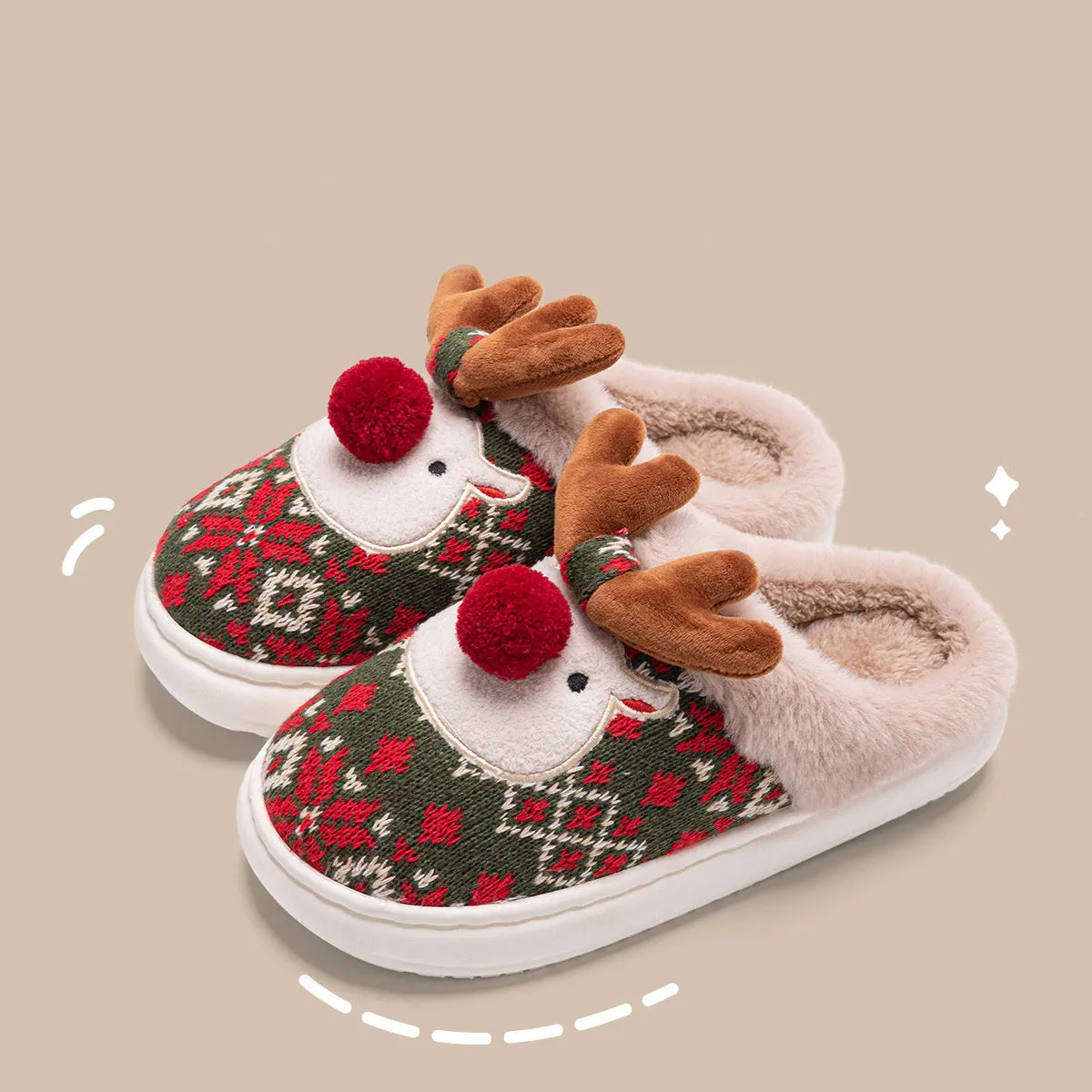 Cute Christmas elk plush slippers in Christmas Red with non-slip sole for women winter home use