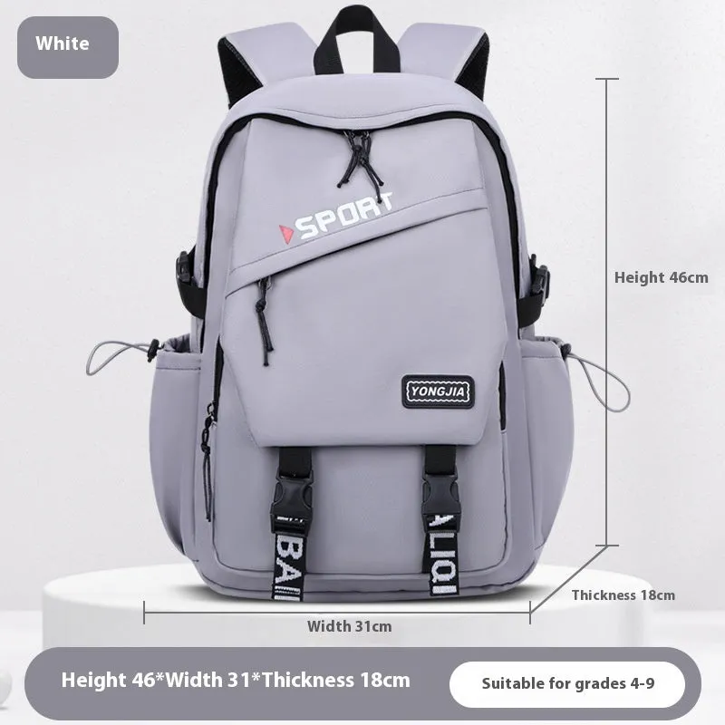 School Trends backpack in black, gray, and purple, made from Oxford cloth with curved shoulder straps for girls grade 4-9