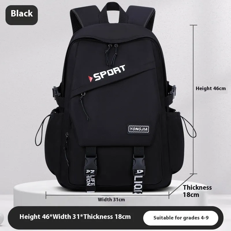 School Trends backpack in black, gray, and purple, made from Oxford cloth with curved shoulder straps for girls grade 4-9