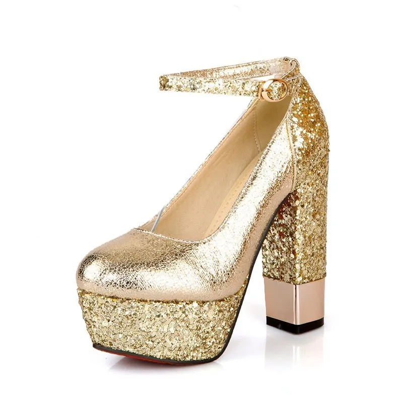 Retro patent leather buckle platform thick heel shoes in black with gold buckle detail and non-slip rubber sole