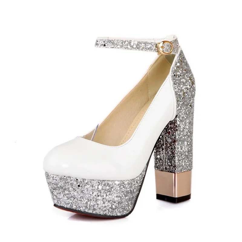 Retro patent leather buckle platform thick heel shoes in black with gold buckle detail and non-slip rubber sole