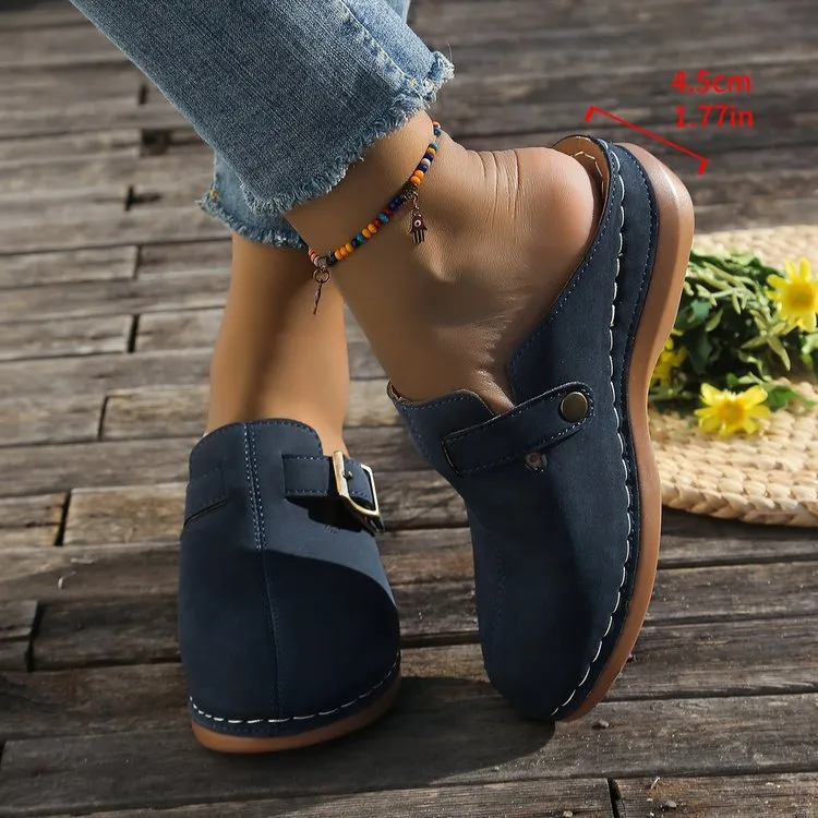 Women's lightweight wedge slipper in cloth with rubber sole, shown in one of five colours.