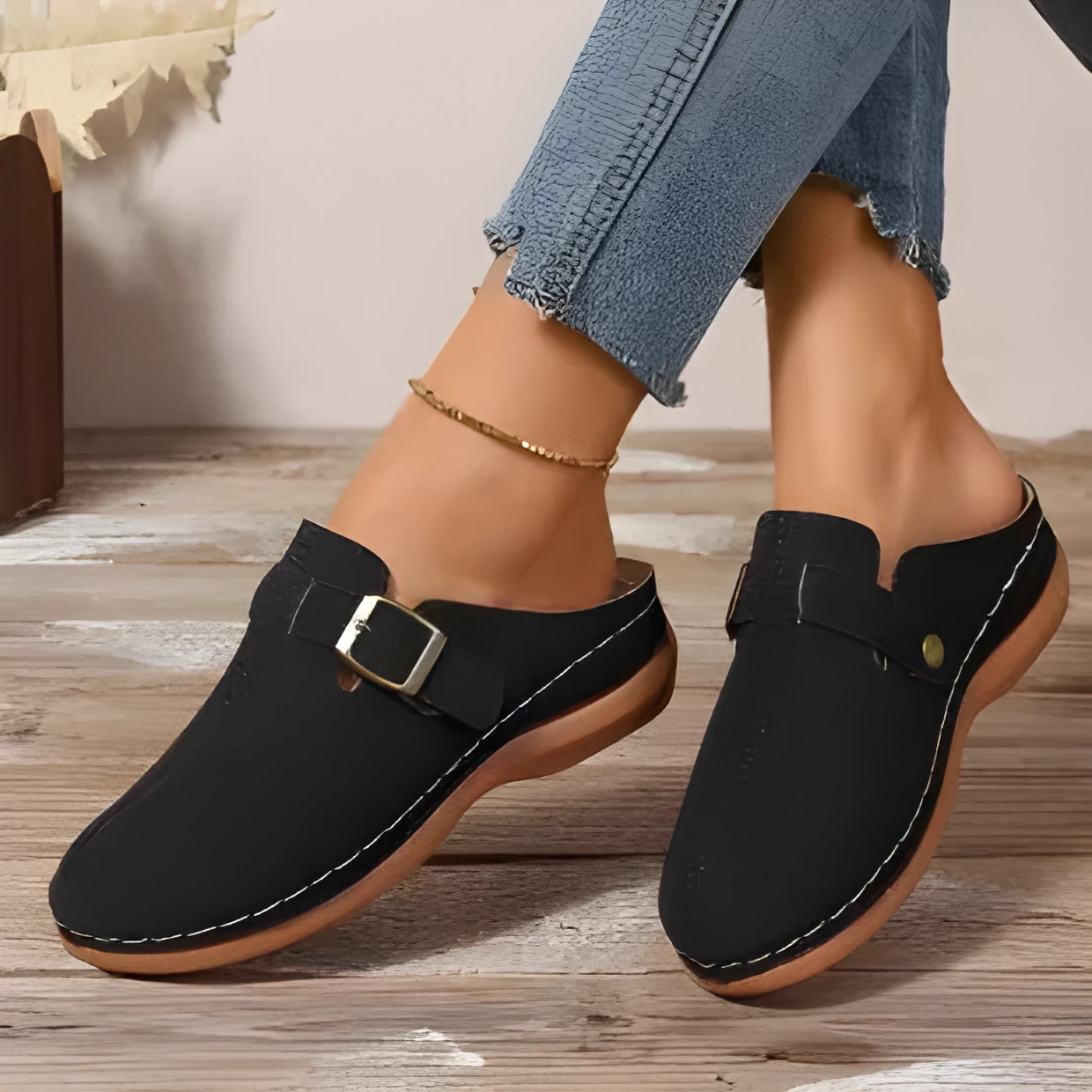 Women's lightweight wedge slipper in cloth with rubber sole, shown in one of five colours.