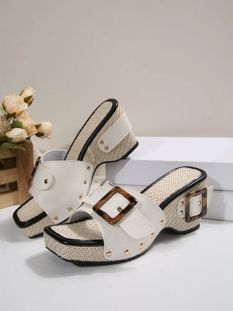 Plus size platform wedge sandals with square toe, rivet detail, and PU upper in black