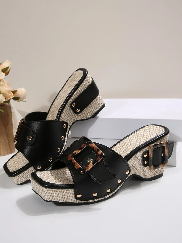 Plus size platform wedge sandals with square toe, rivet detail, and PU upper in black