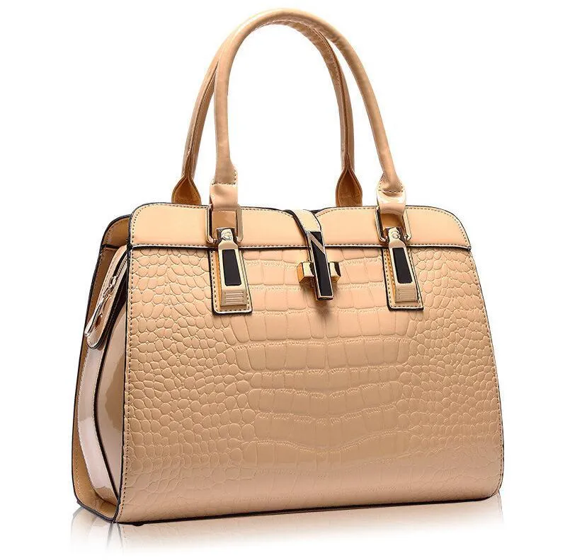 Women's crocodile pattern messenger tote bag in PU leather, available in rose red, beige, black, royal blue, wine red