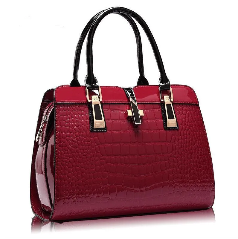 Women's crocodile pattern messenger tote bag in PU leather, available in rose red, beige, black, royal blue, wine red