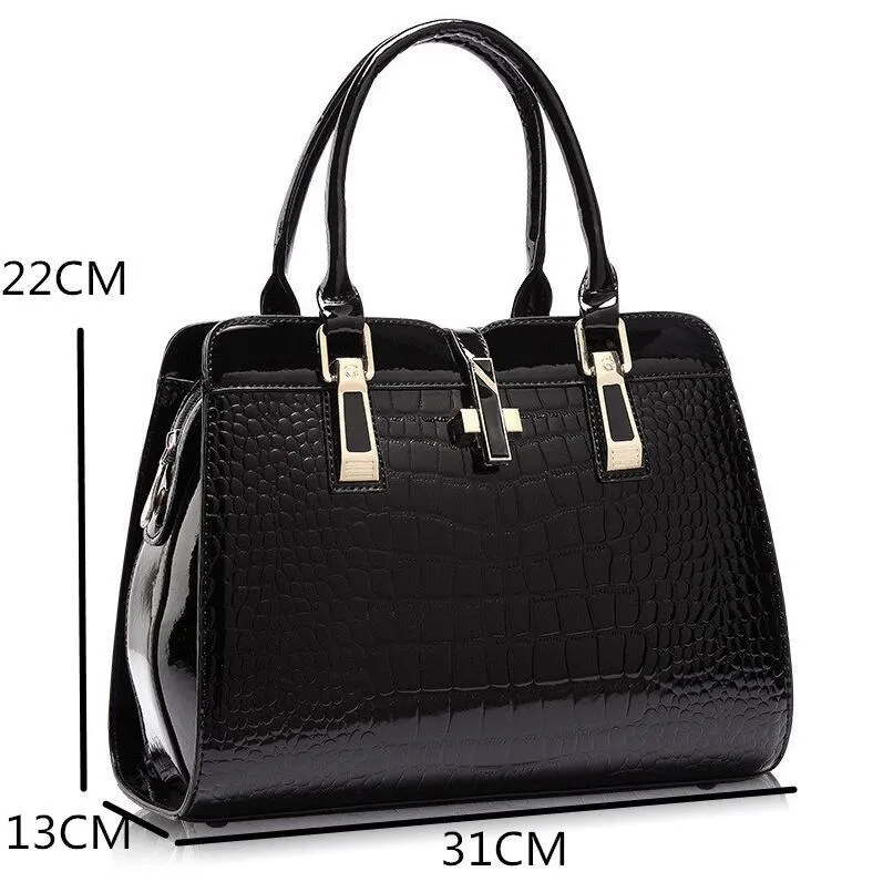 Women's crocodile pattern messenger tote bag in PU leather, available in rose red, beige, black, royal blue, wine red