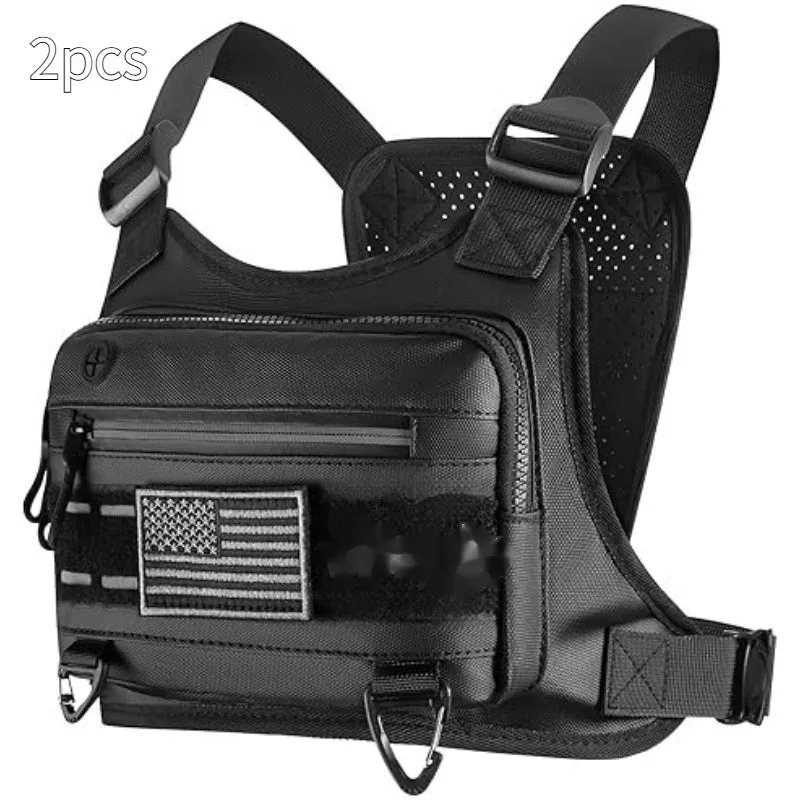 Men's tactical outdoor sports chest bag in black solid colour with waterproof Derm material and physiological curve back plate