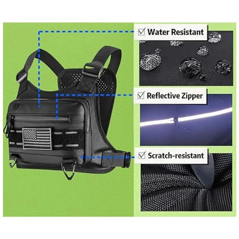 Men's tactical outdoor sports chest bag in black solid colour with waterproof Derm material and physiological curve back plate