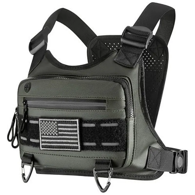 Men's tactical outdoor sports chest bag in black solid colour with waterproof Derm material and physiological curve back plate