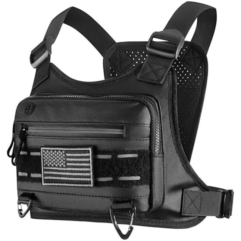 Men's tactical outdoor sports chest bag in black solid colour with waterproof Derm material and physiological curve back plate