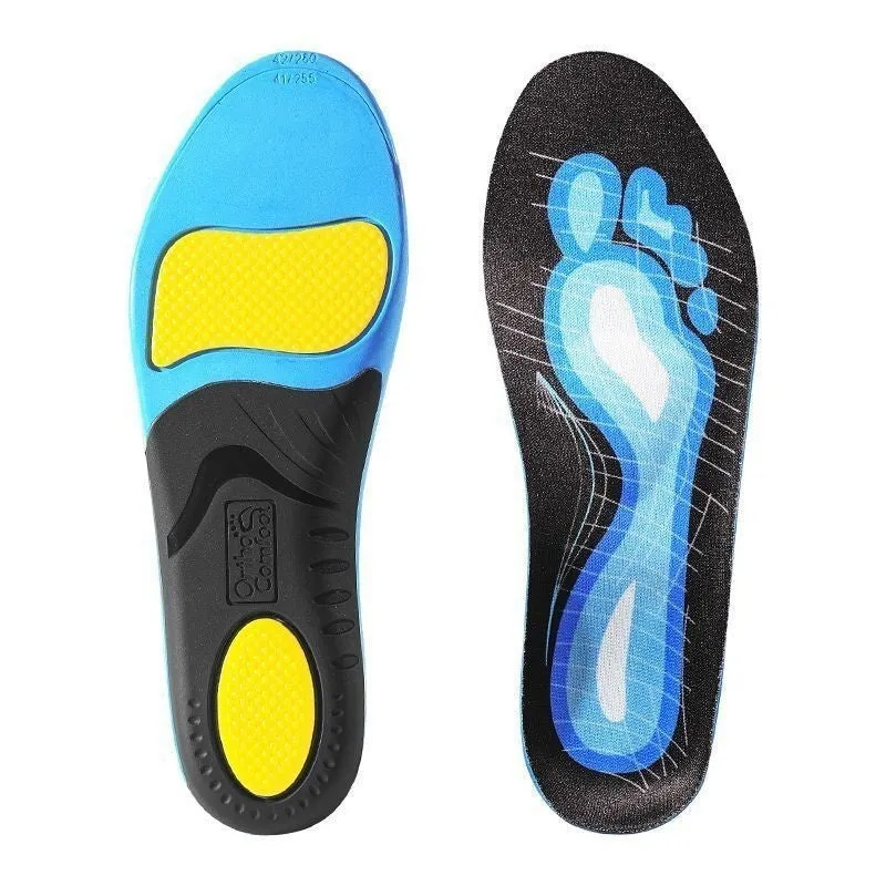 Blue and green flat foot correction PU insoles for arch support, shown in universal sizes.