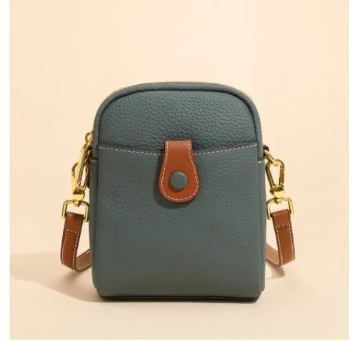 Lychee pattern top layer cowhide leather small crossbody mobile phone bag with coin purse, 14cm x 8.5cm x 18cm, cream colour