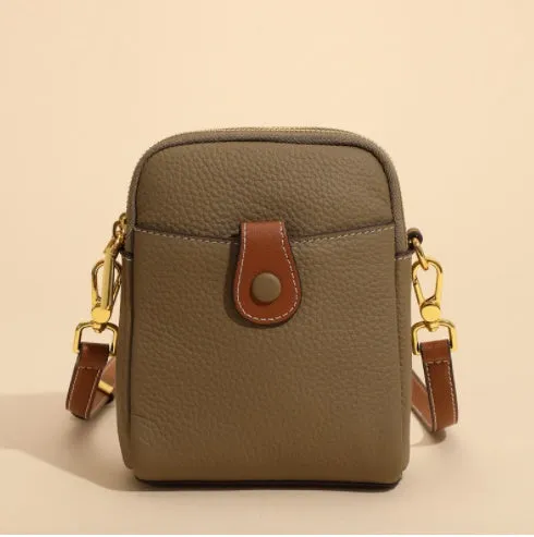 Lychee pattern top layer cowhide leather small crossbody mobile phone bag with coin purse, 14cm x 8.5cm x 18cm, cream colour