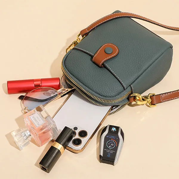 Lychee pattern top layer cowhide leather small crossbody mobile phone bag with coin purse, 14cm x 8.5cm x 18cm, cream colour
