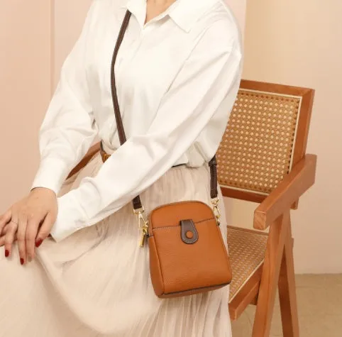 Lychee pattern top layer cowhide leather small crossbody mobile phone bag with coin purse, 14cm x 8.5cm x 18cm, cream colour