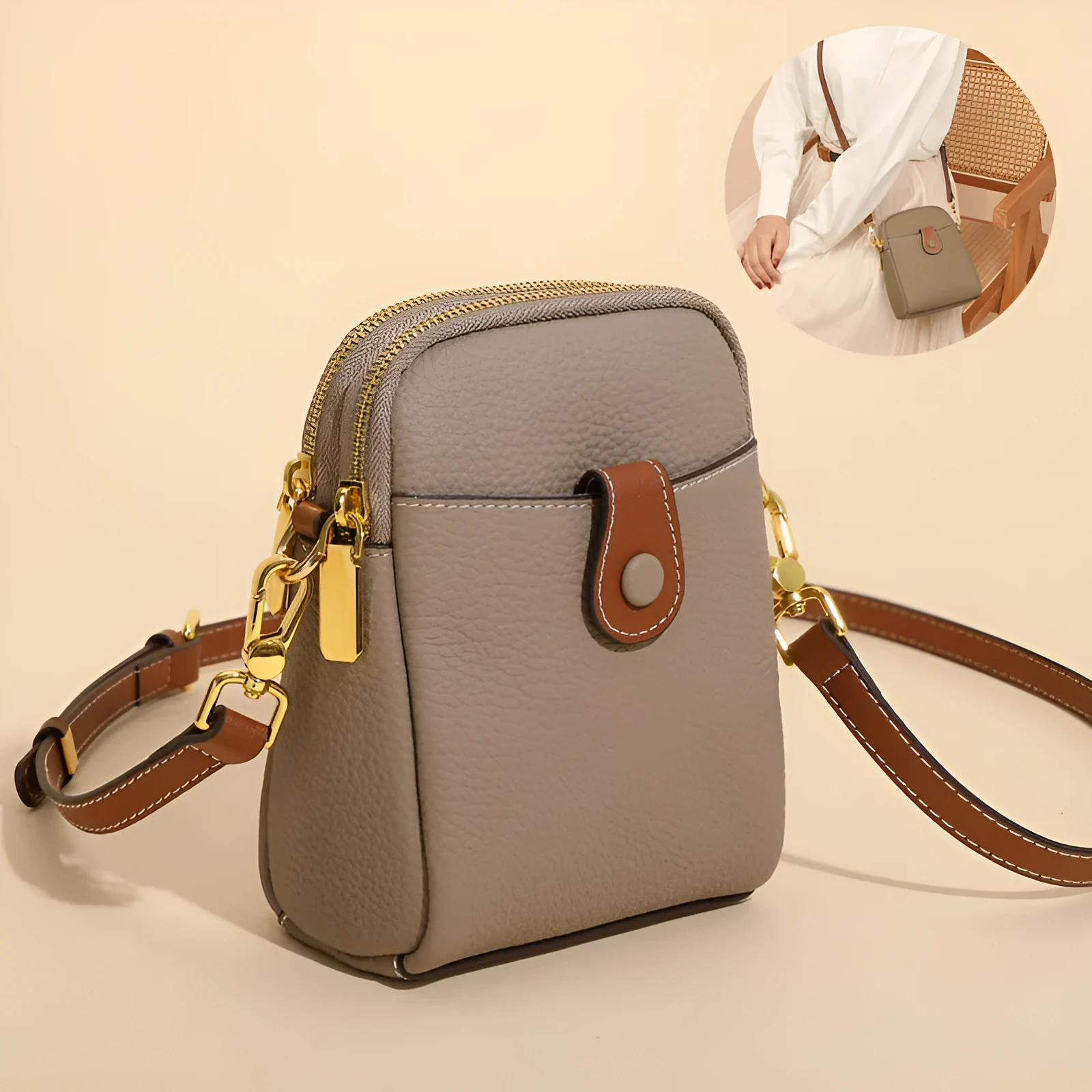 Lychee pattern top layer cowhide leather small crossbody mobile phone bag with coin purse, 14cm x 8.5cm x 18cm, cream colour