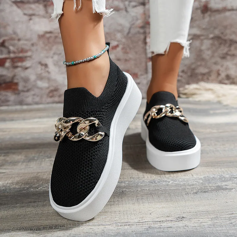 Women's breathable mesh chain flats with low heel, black colour, round toe, and EVA sole