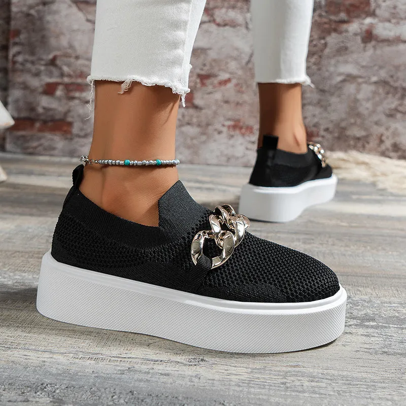 Women's breathable mesh chain flats with low heel, black colour, round toe, and EVA sole