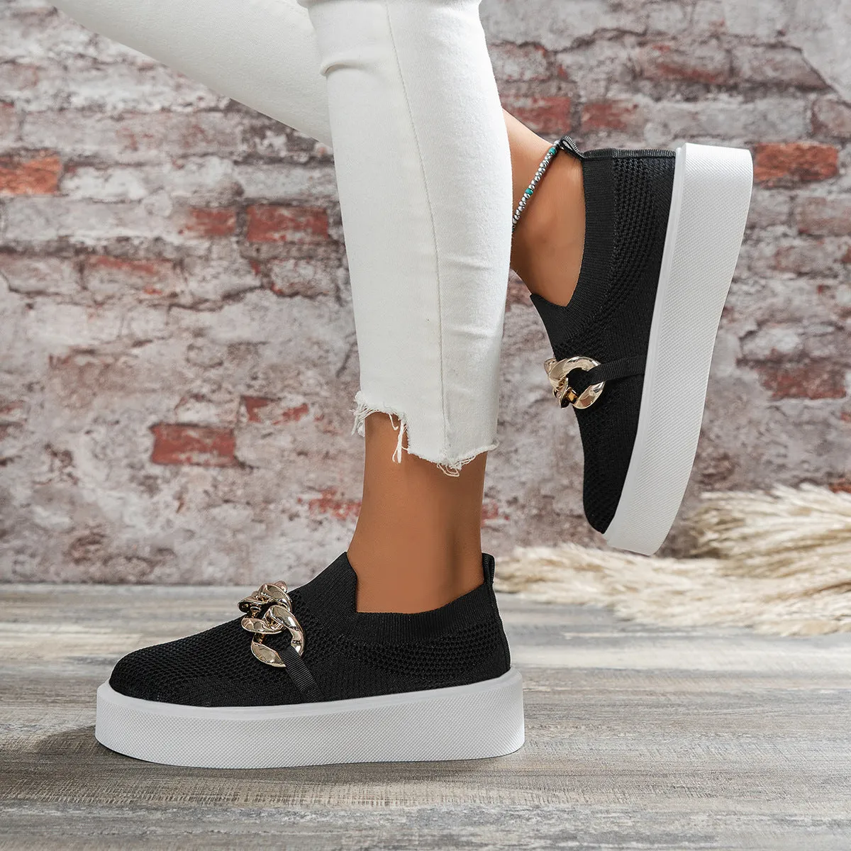 Women's breathable mesh chain flats with low heel, black colour, round toe, and EVA sole