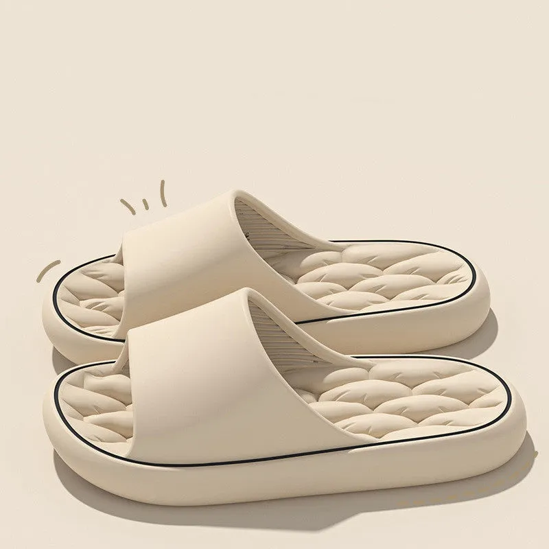 Non-slip EVA bathroom slippers with thick sole and hollow upper in grey, side view