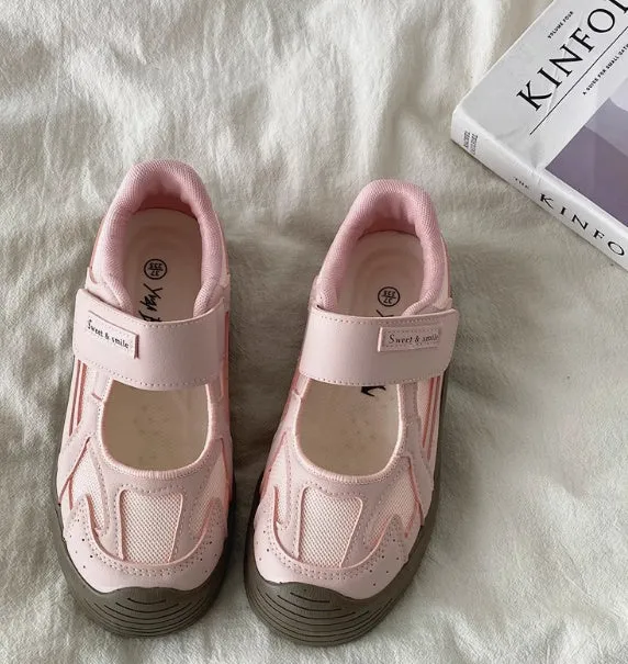 Pink canvas hollow-out Mary Jane low top flat heel sneaker with vulcanised rubber sole and mesh lining