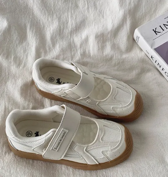 Pink canvas hollow-out Mary Jane low top flat heel sneaker with vulcanised rubber sole and mesh lining