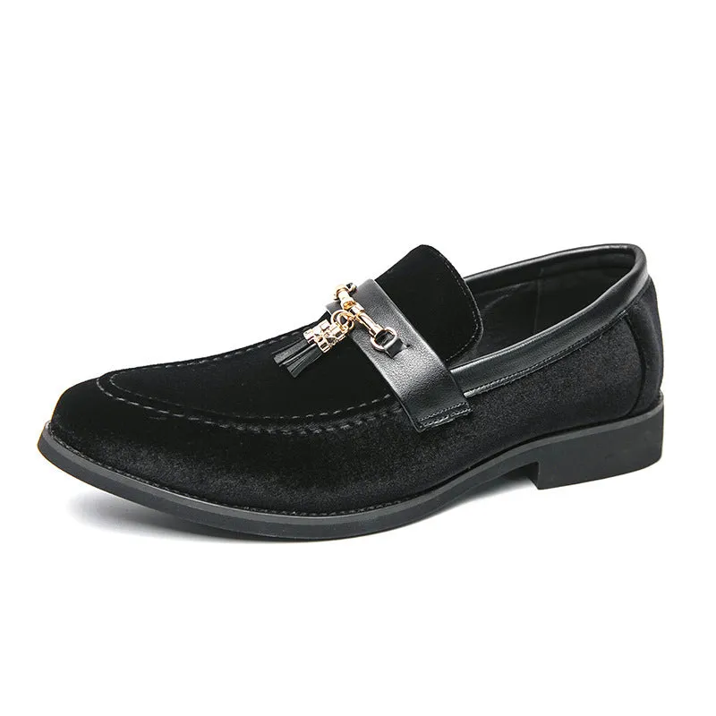Men's retro fringed loafers in solid colour, artificial PU upper, low-top design, available in black