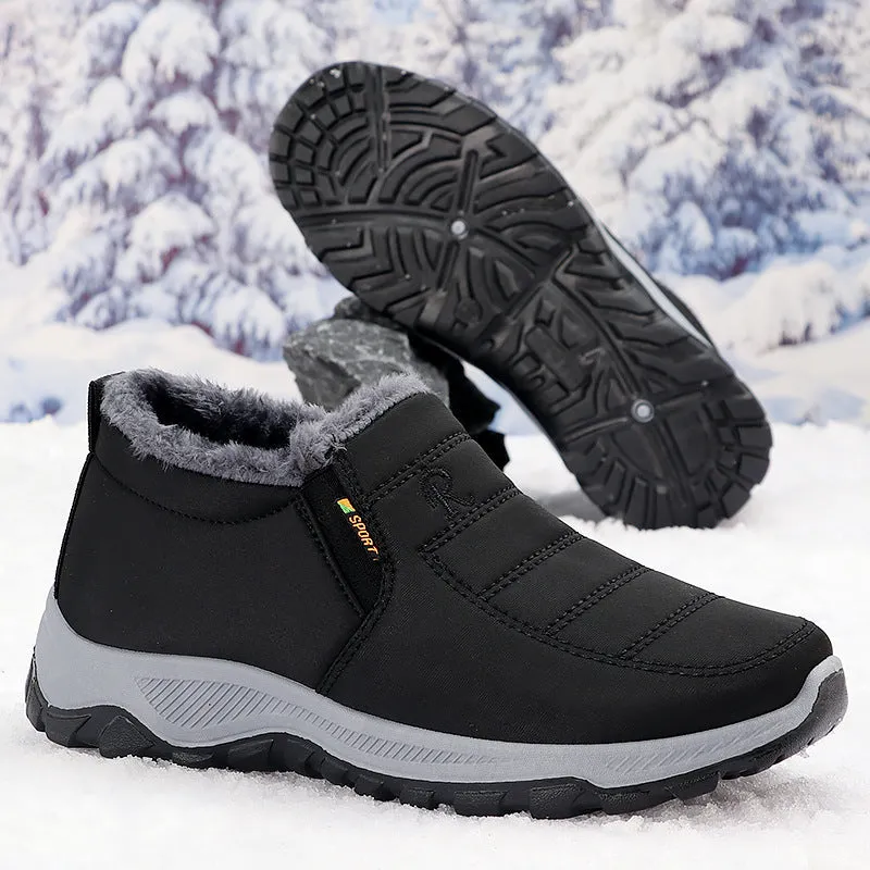 Men's cotton-padded fleece-lined black snow boots with rubber sole and round toe