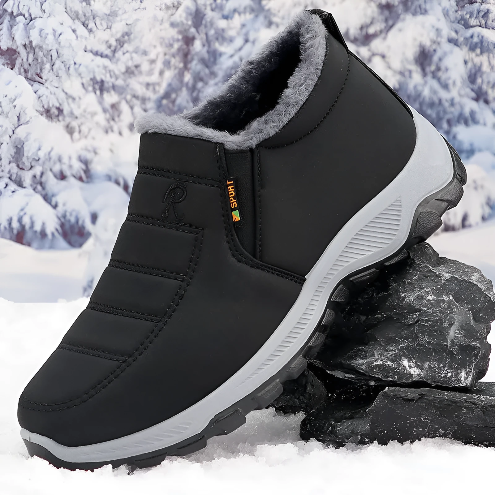Men's cotton-padded fleece-lined black snow boots with rubber sole and round toe