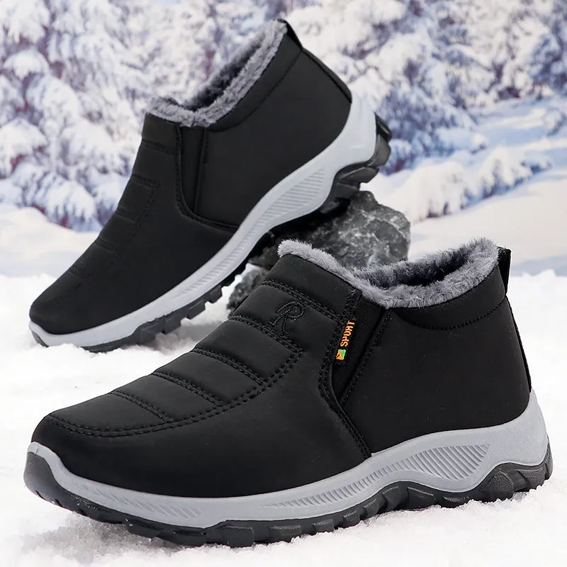 Men's cotton-padded fleece-lined black snow boots with rubber sole and round toe