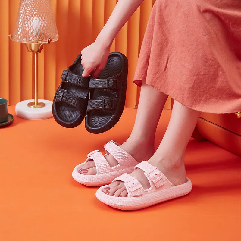 Women's summer platform slippers with buckle fastening, EVA sole, in black colour, side view