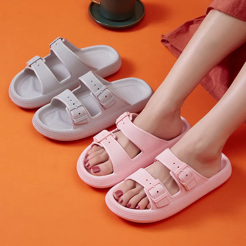 Women's summer platform slippers with buckle fastening, EVA sole, in black colour, side view