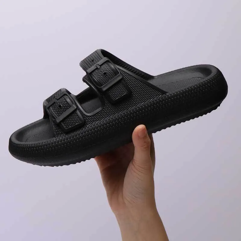 Women's summer platform slippers with buckle fastening, EVA sole, in black colour, side view