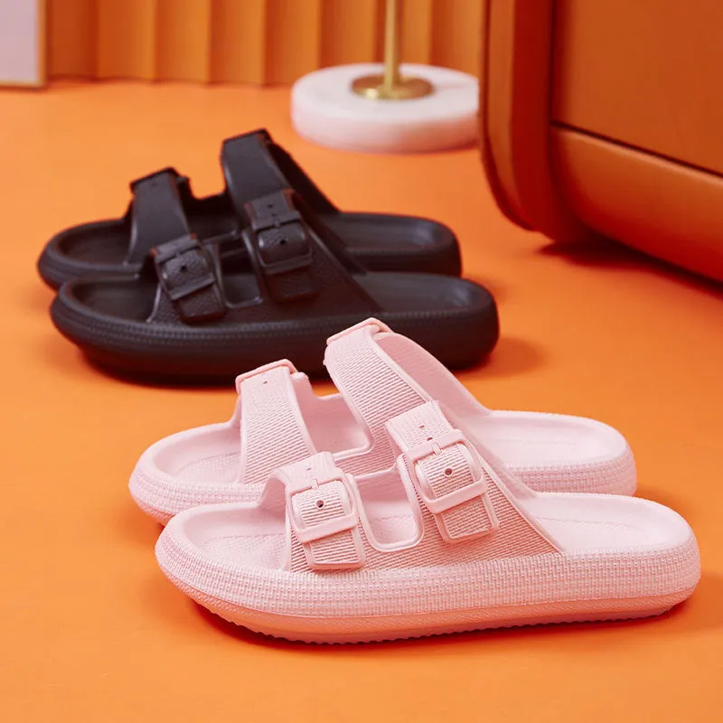 Women's summer platform slippers with buckle fastening, EVA sole, in black colour, side view