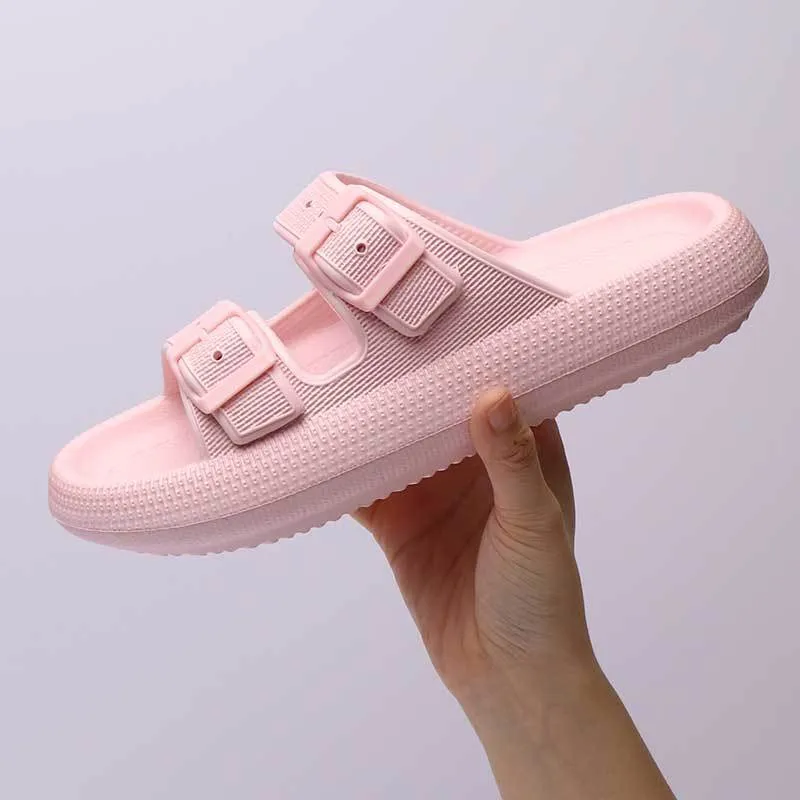Women's summer platform slippers with buckle fastening, EVA sole, in black colour, side view