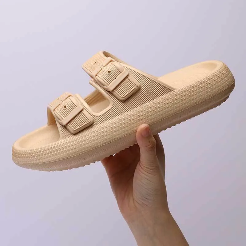 Women's summer platform slippers with buckle fastening, EVA sole, in black colour, side view