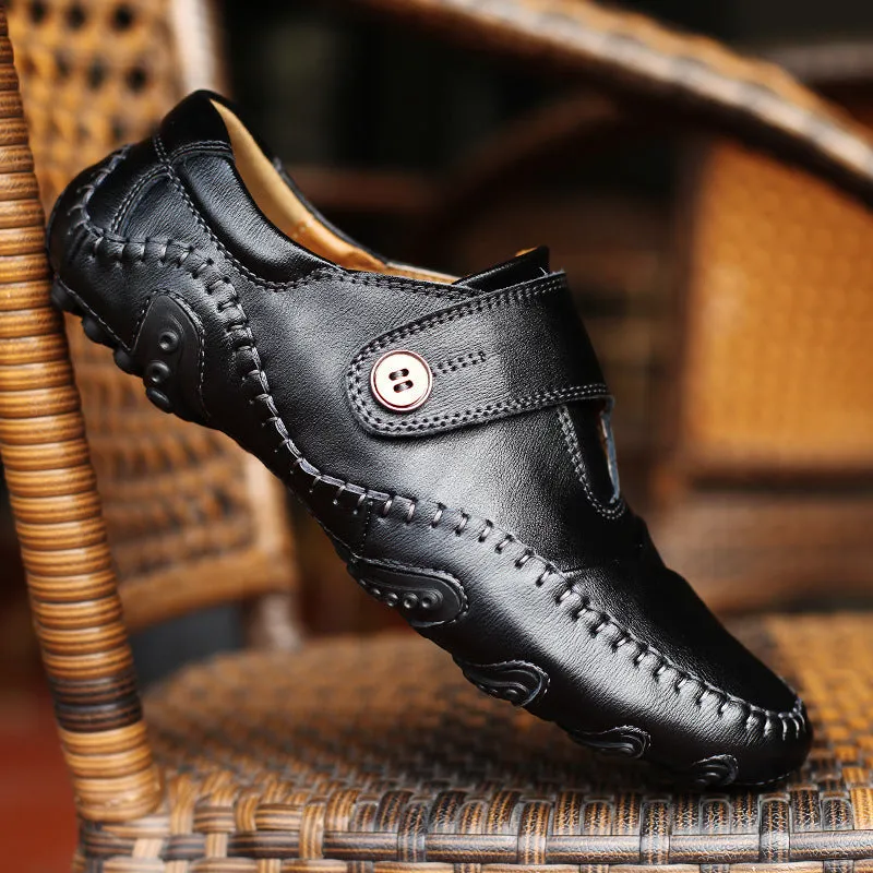 Men's black casual Korean-style microfiber lace-up leather shoes with round toe and rubber sole