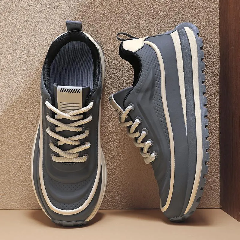 Men's leather platform dad shoes in grey with mid heel and rubber sole, lightweight casual design